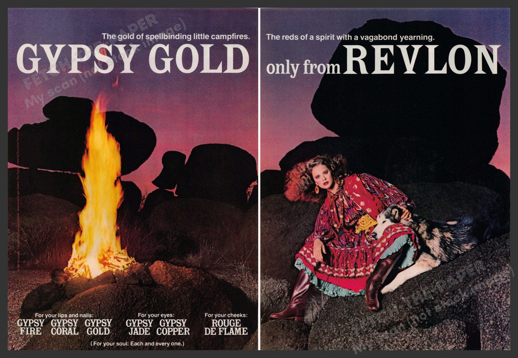 Revlon 1980s Print Advertisement (2pg Centerfold) 1981 Gypsy Gold Fetch-the-Paper