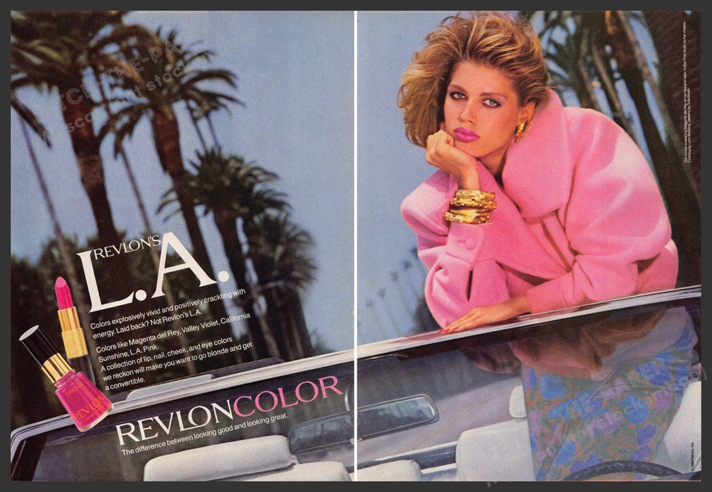 Revlon Beth Rupert 1980s Print Ad (2 page) 1986 L.A. Convertible Car Sassy Model Fetch-the-Paper