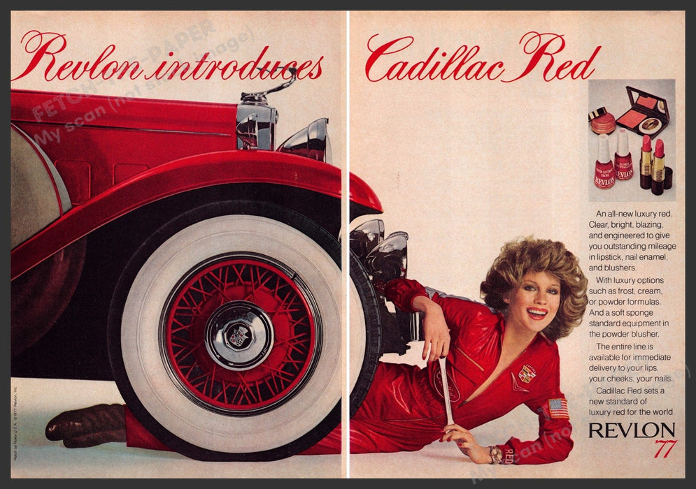 Revlon Cadillac Red 1970s Print Advertisement (2 page) 1977 Woman Mechanic Fetch-the-Paper
