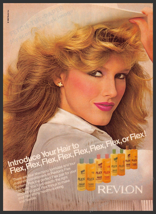 Revlon Flex 1980s Print Advertisement 1982 Hair Products Big Hair Cowgirl Hat Fetch-the-Paper