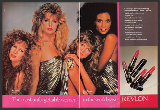 Revlon Moisture Creme Lipstick 1980s Print Advertisement (2 pages) 1987 Big Hair Fetch-the-Paper