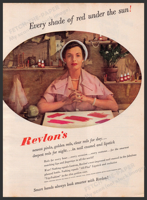 Revlon Nail Color Pinks Reds 1940s Print Advertisement Ad 1949 "Smart hands" Fetch-the-Paper