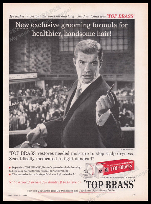 Revlon Top Brass Men's Hair Products 1950s Print Advertisement Ad 1959 Fetch the Paper!