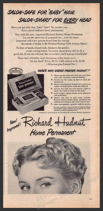 Richard Hudnut Home Permanent 1940s Print Advertisement Ad 1949 "Salon Safe" Fetch-the-Paper