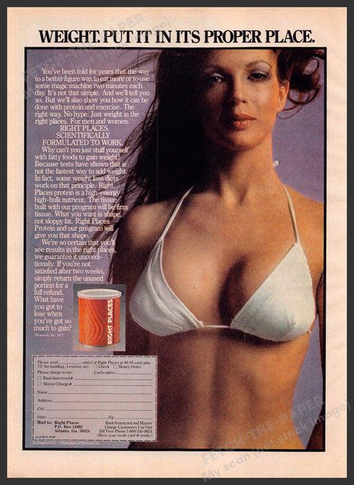 Right Places 1970s Print Advertisement 1977 Breast Weight Gain Quakery Fetch-the-Paper