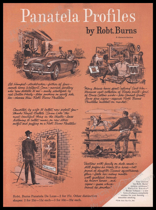 Robert Burns Panatela Profiles Cigars 1950s Print Advertisement Ad 1959 #2 Fetch the Paper!