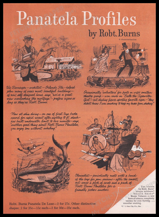 Robert Burns Panatela Profiles Cigars 1950s Print Advertisement Ad 1959 Fetch the Paper!