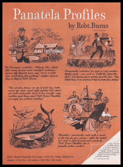 Robert Burns Panatela Profiles Cigars 1950s Print Advertisement Ad 1959 Fetch the Paper!