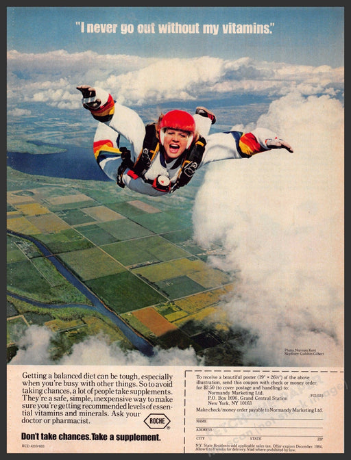 Roche 1980s Magazine Print Advertisement 1983 Skydiving Vitamins Roche