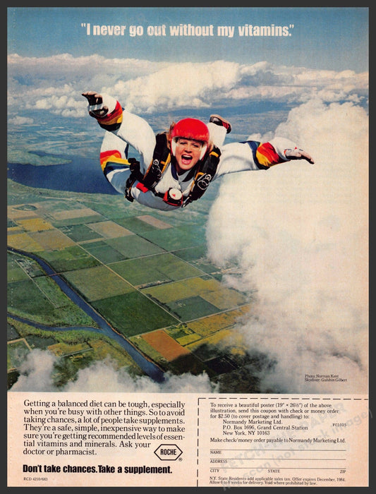 Roche 1980s Magazine Print Advertisement 1983 Skydiving Vitamins Roche