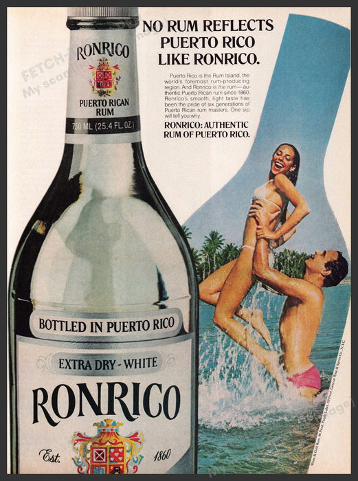 Ronrico 1980s Print Advertisement 1981 Couple in Ocean Rum Puerto Rico Fetch-the-Paper