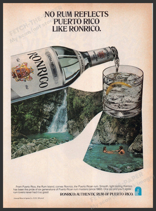 Ronrico Rum 1970s Print Advertisement 1979 Puerto Rico Waterfall Couple Ronrico