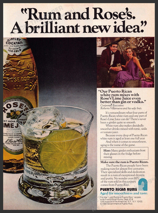 Rose's Lime Juice 1980s Print Advertisement 1981 "Rum and Rose's" Fetch-the-Paper