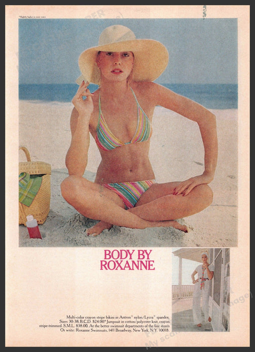 Roxanne Swimwear 1970s Print Advertisement 1976 Body Bikini Beach Sitting Fetch-the-Paper