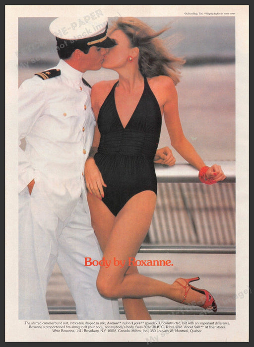 Roxanne Swimwear 1980s Print Advertisement 1983 Legs Captain Kissing Fetch-the-Paper
