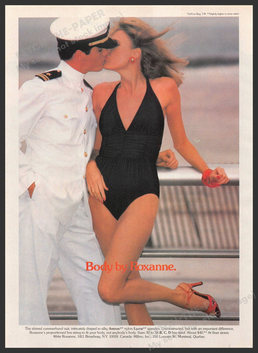 Roxanne Swimwear 1980s Print Advertisement 1983 Legs Captain Kissing Fetch-the-Paper