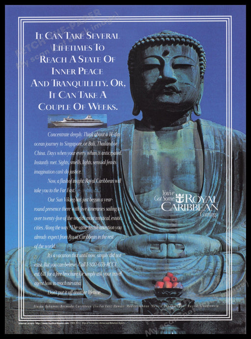 Royal Caribbean Cruises 1990s Print Advertisement Ad 1996 Buddha Tranquility Fetch the Paper!