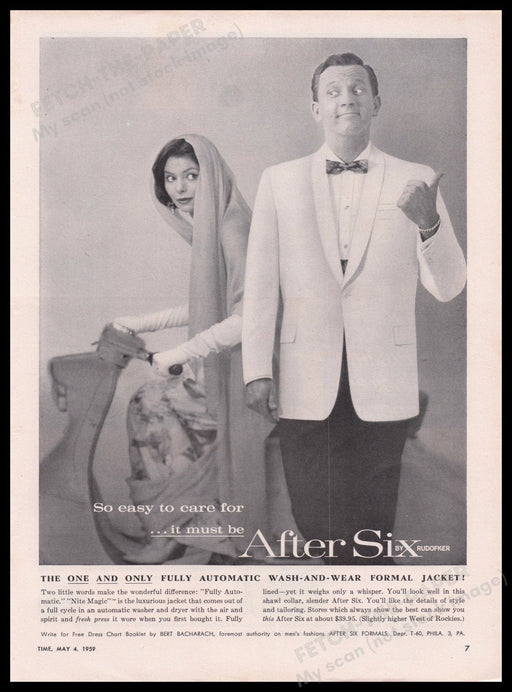 Rudofker After Six Men's Formal Jacket Vespa 1950s Print Advertisement Ad 1959 Fetch the Paper!