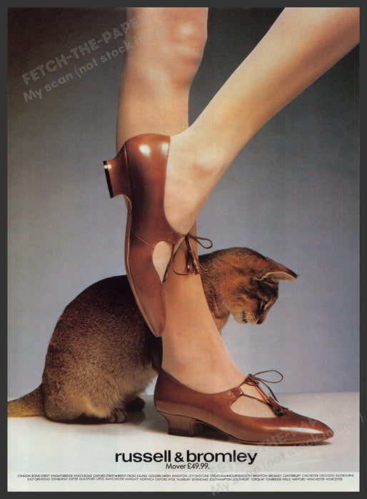 Russell & Bromley Shoes 1980s Print Advertisement Ad 1982 Legs Brown Cat Fetch the Paper!