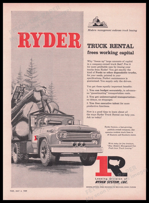 Ryder Truck Rental Logging Trees 1950s Print Advertisement Ad 1959 Fetch the Paper!