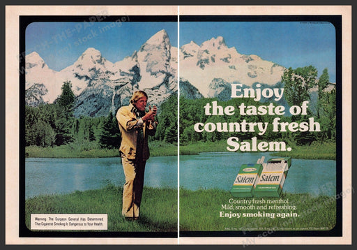 Salem Cigarettes 1970s Print Advertisement (2 page) 1979 Mountains Lake Fetch-the-Paper