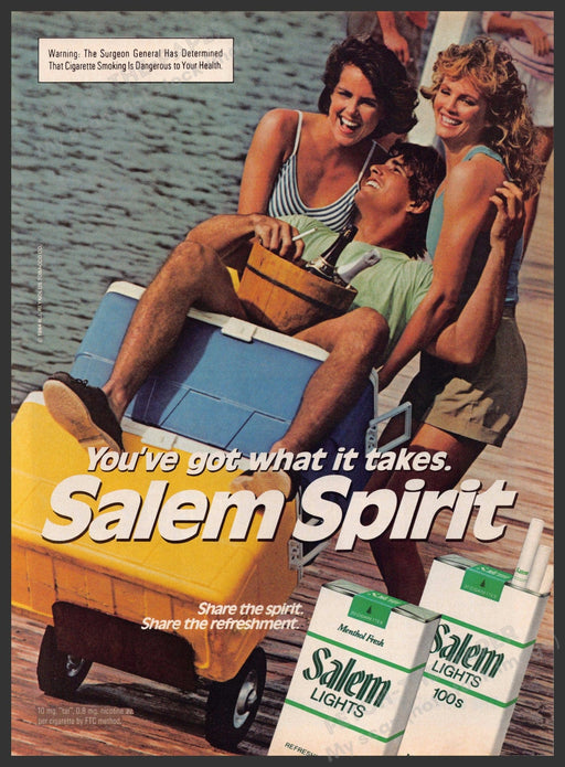 Salem Lights 1980s Magazine Print Advertisement 1984 Lake Dock Coolers Friends Salem Lights