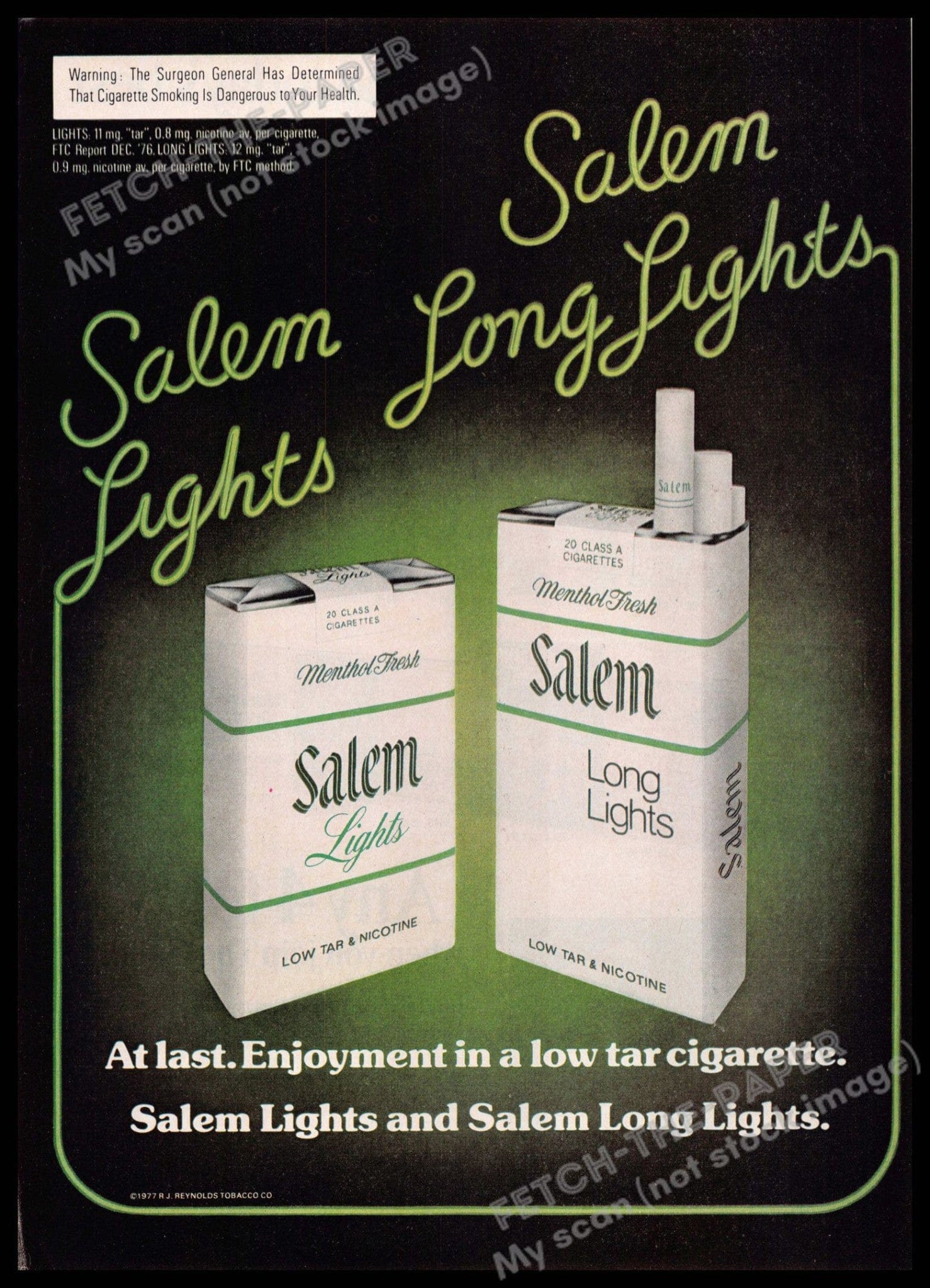 Salem Long Lights 1970s Print Advertisement 1977 Green Neon Cigarette