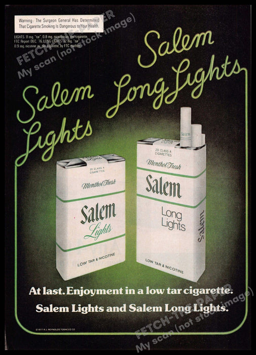 Salem Long Lights 1970s Print Advertisement 1977 Green Neon Cigarette Salem Long Lights