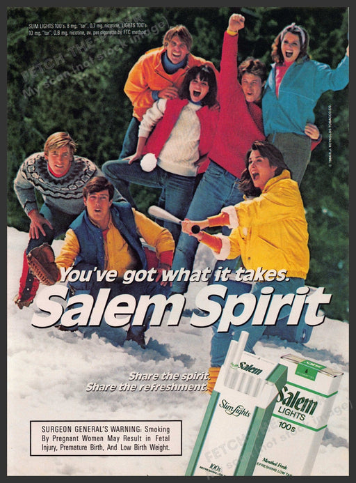 Salem Spirit 1980s Print Advertisement 1986 Friends Snowball Baseball Game Fetch-the-Paper