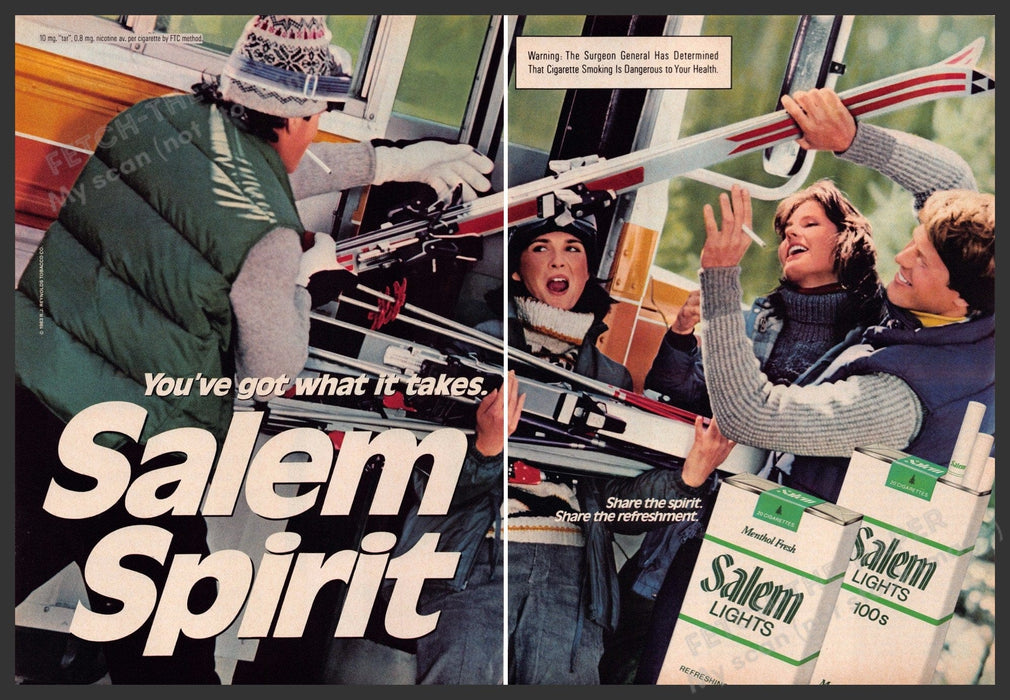 Salem Spirit Cigarettes 1980s Print Advertisement (2 page) 1984 Skiing Fetch-the-Paper