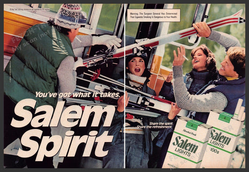 Salem Spirit Cigarettes 1980s Print Advertisement (2 page) 1984 Skiing Fetch-the-Paper
