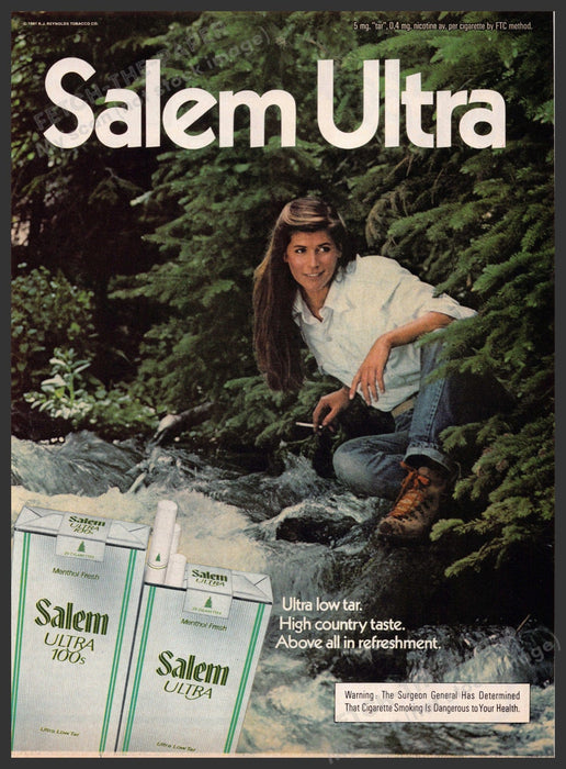 Salem Ultra 1980s Magazine Print Advertisement 1981 Woman Hiking Stream Water Fetch-the-Paper