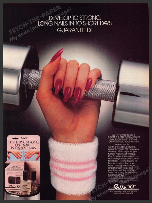 Salle "10" Strong Nails 1980s Print Advertisement 1986 Hand Weight Dumbell Fetch-the-Paper
