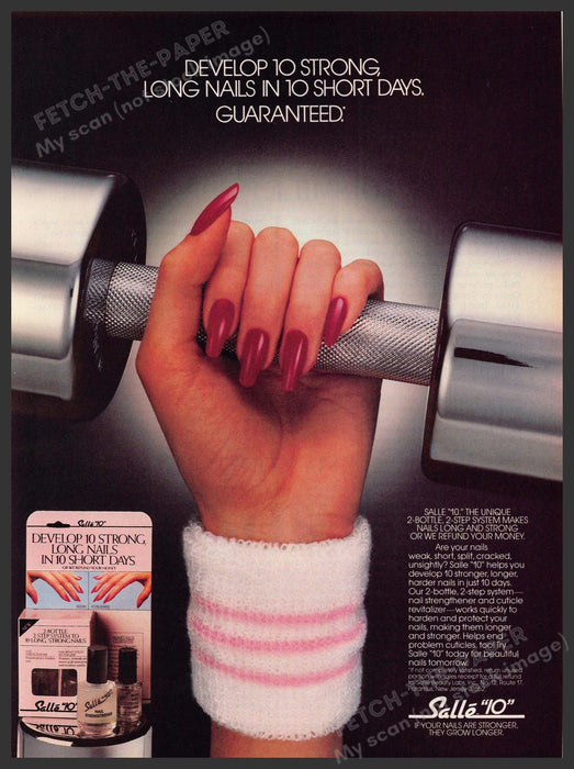 Salle "10" Strong Nails 1980s Print Advertisement 1986 Hand Weight Dumbell Fetch-the-Paper
