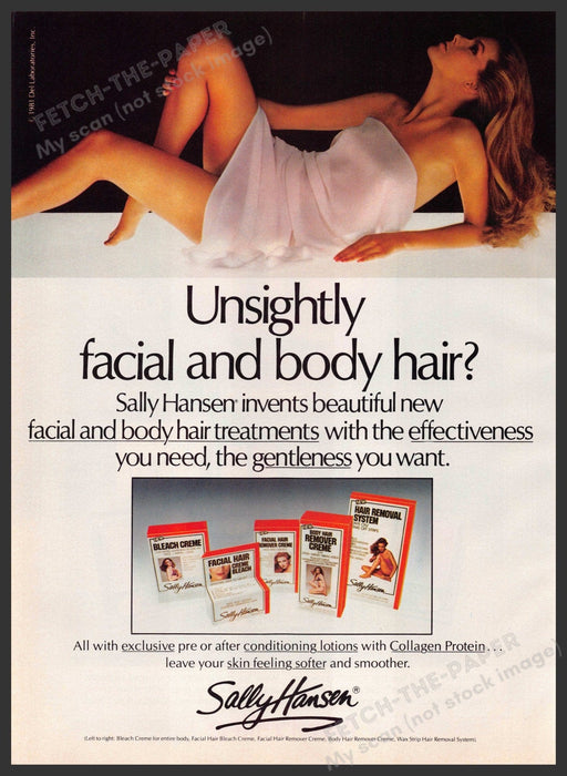 Sally Hansen 1980s Print Advertisement 1982 Facial & Body Hair Fetch-the-Paper