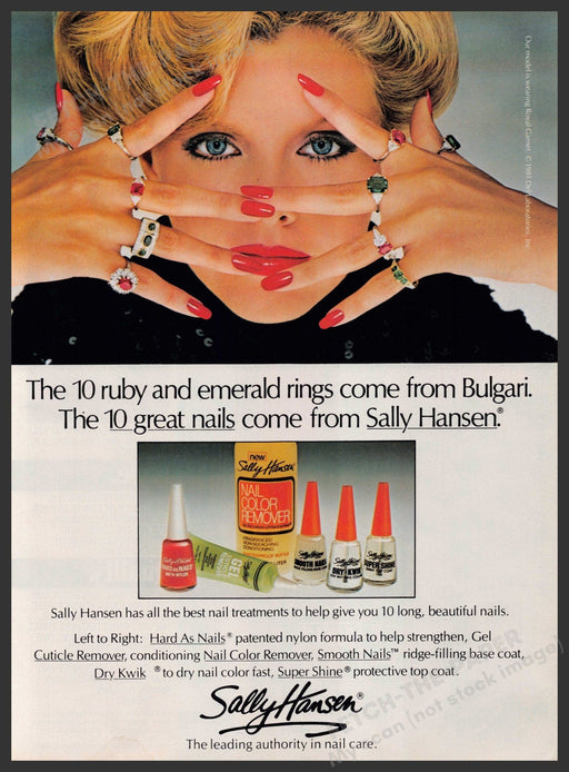 Sally Hansen Nails 1980s Print Advertisement 1981 Face Fingers Bulgari Rings Fetch-the-Paper