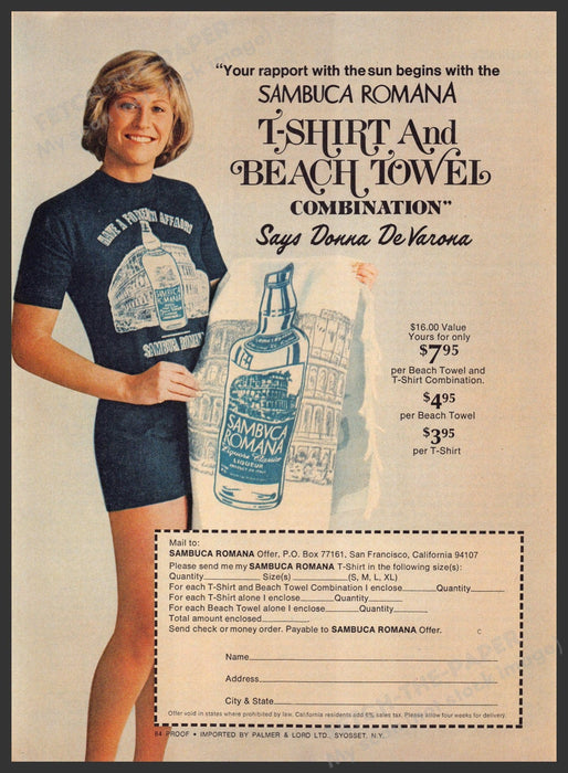 Sambuca Romana 1970s Print Advertisement 1976 Legs Shirt & Beach Towel Fetch-the-Paper