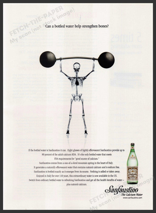 Sanfaustino Calcium Water 2000s Print Advertisement 2004 Skeleton Barbell Weight Fetch-the-Paper