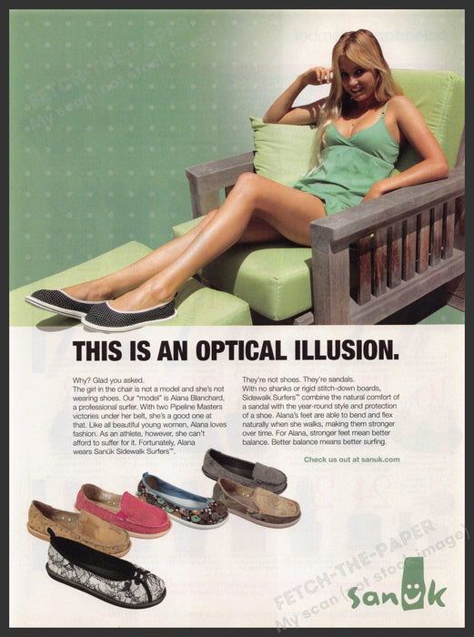Sanuk Footwear 2000s Print Advertisement 2007 Long Legs Optical Illusion Fetch-the-Paper
