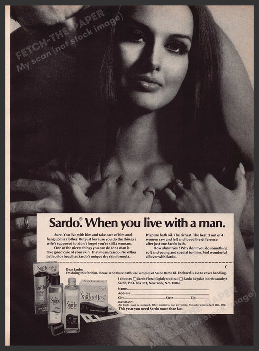 Sardo Bath Oil 1960s Print Advertisement Ad 1969 "When you live with a man" Fetch the Paper!