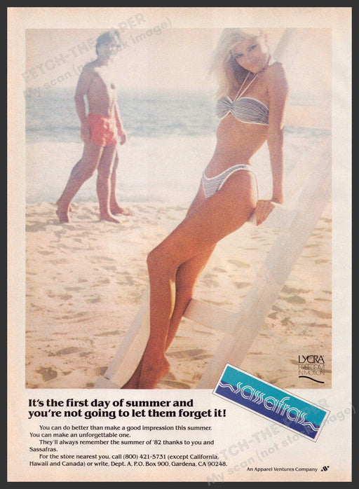 Sassafras Swimwear 1980s Print Advertisement 1982 Legs Lifeguard Tower Fetch-the-Paper