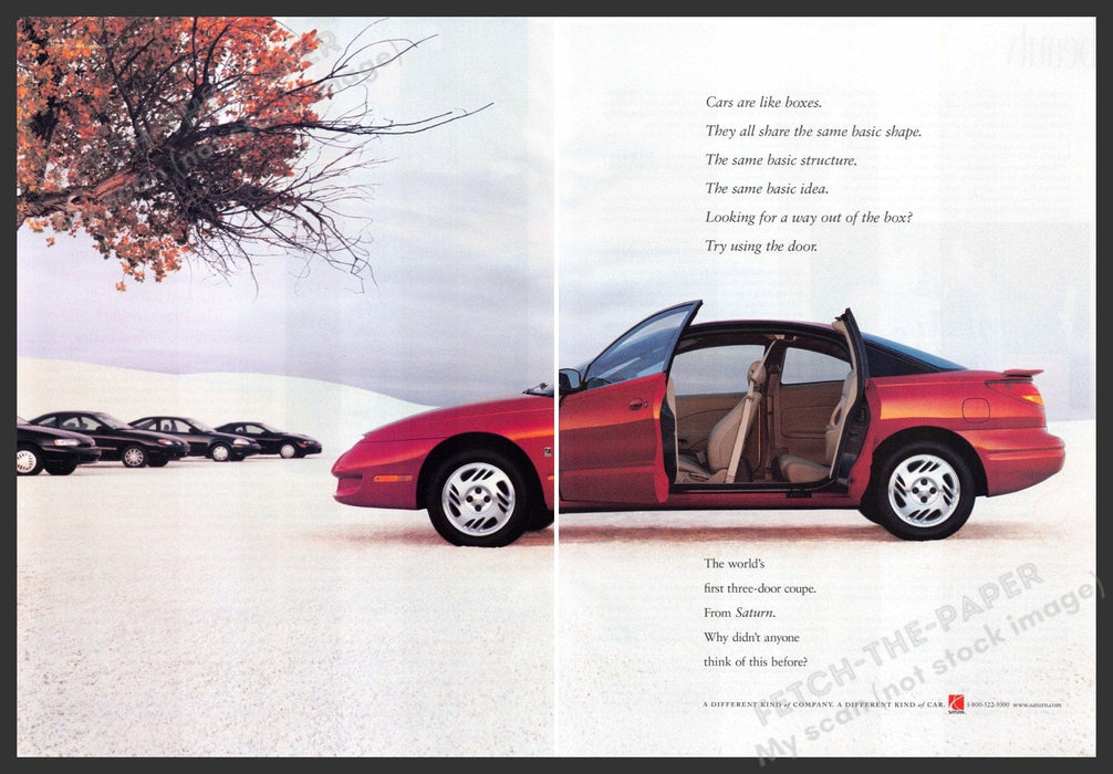 Saturn Car 1990s Print Ad (2 page) 1999 First Three Door Coupe Fetch-the-Paper