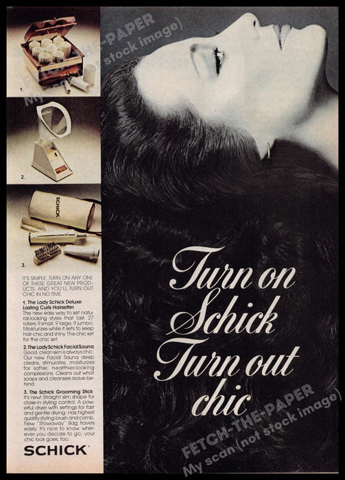 Schick 1970s Print Advertisement 1977 "Turn on Schick, turn out chic" Hair Care Schick
