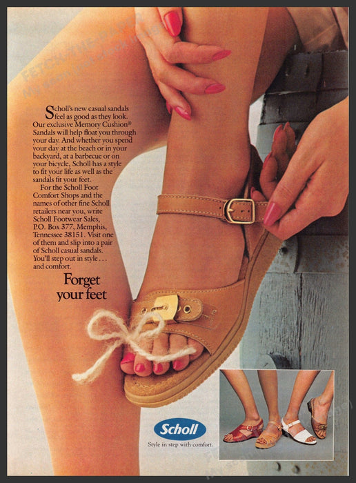 Scholl 1980s Magazine Print Ad 1981 String Bow Toe Feed Sandals Fetch-the-Paper