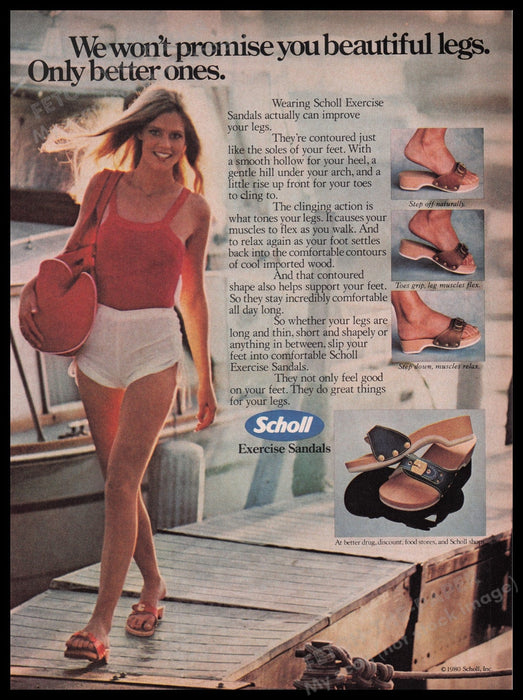 Scholl Exercise Sandals 1980s Print Advertisement Ad 1980 Legs Girl Boat Dock Fetch the Paper!
