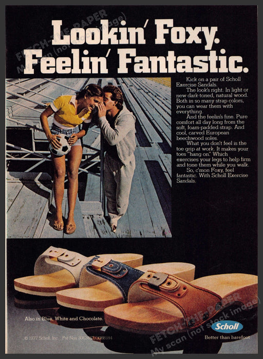 Scholl Footwear 1970s Print Advertisement 1977 Legs Lookin' Foxy Fetch-the-Paper