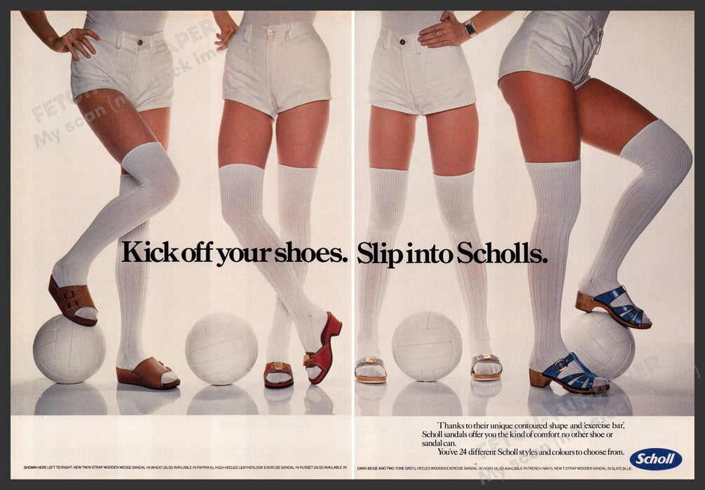 Scholl Shoes Sandals 1970s Print Advertisement (2 pages) 1977 Team Legs Socks Fetch-the-Paper