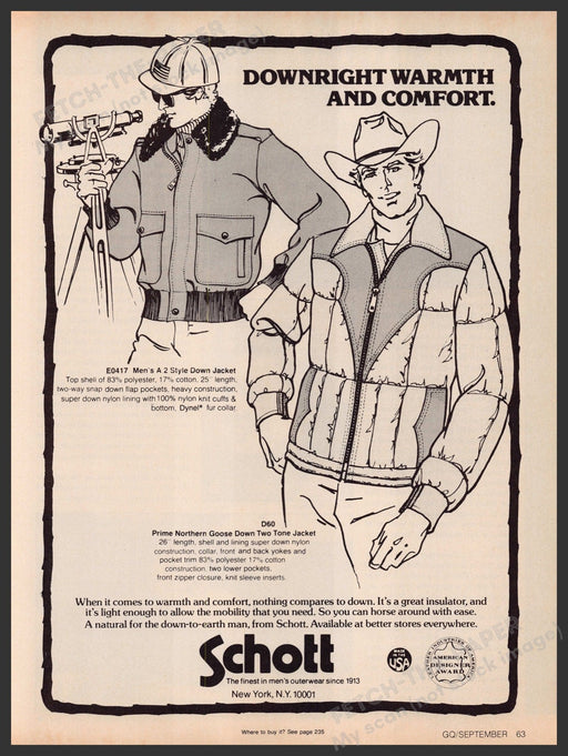 Schott Men's Outerwear 1970s Print Advertisement 1979 Illustration Fetch-the-Paper