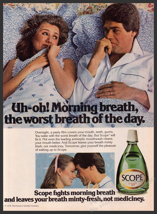 Scope 1970s Print Advertisement 1979 Mouth Wash Couple in Bed Fetch-the-Paper