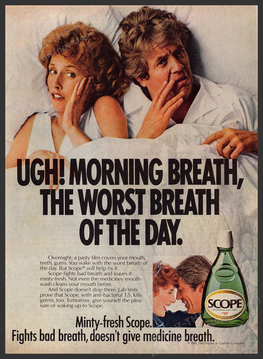Scope 1980s Magazine Print Ad 1981 Morning Breath Couple in Bed Fetch-the-Paper